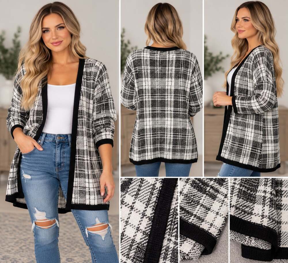 Maurices Plaid Cardigan Sweater Black White Open Front Women’s Size XL